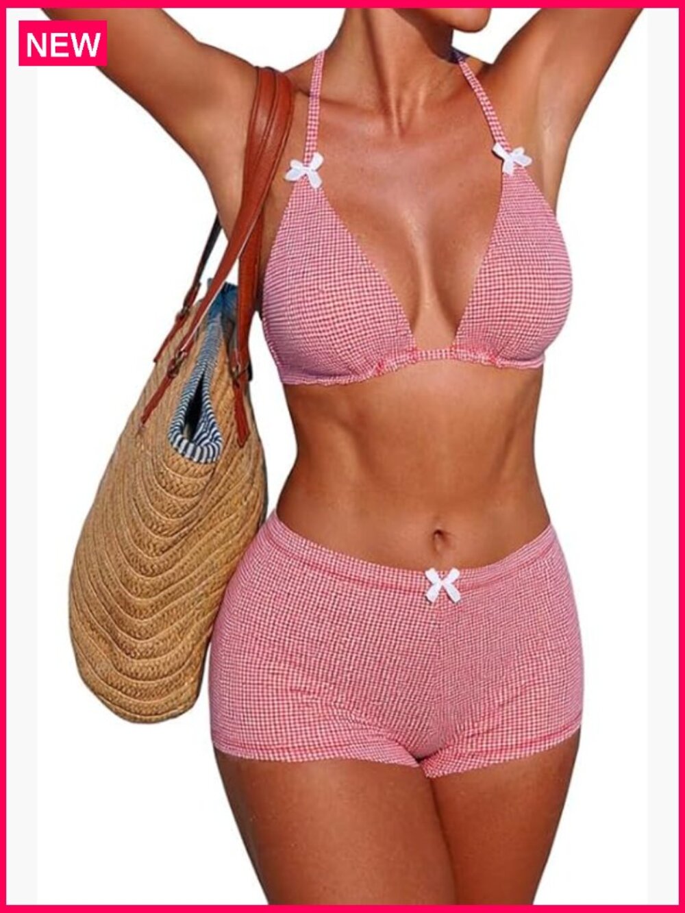 Gingham Bikini Shorts Set, Halter Y2K Boyshort Two Piece Bathing Suit Summer